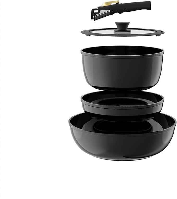 Pots and Pans Set Non Stick Ceramic Cookware Set Detachable Handle RV Camping Kitchen Cooking Set Removable Handles Dishwasher/Oven/Fridge Safe Induction Space SavingBlack Gold
