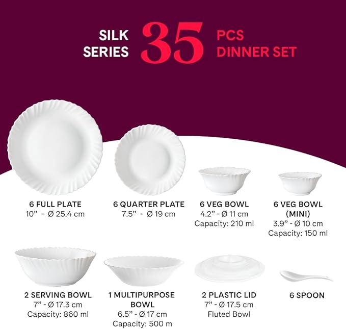 Borosil Gourmet Dinnerware Set For 6 35 Pieces White Dinner Plates and Bowls Sets Chip Resistant Tempered Opal Glass Stain Resistant Dishwasher &amp Microwave Safe Dinner Set For Gifting Serves