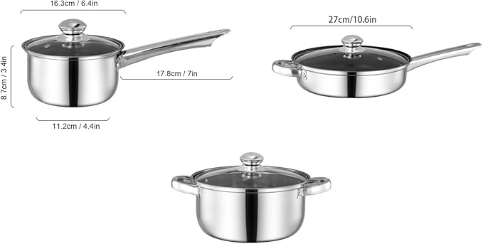 7 Piece Cookware Set Stainless Steel Double Ear Soup Pot Single Handle Milk Pan Frying Pan with Lids for Kitchen Cooking