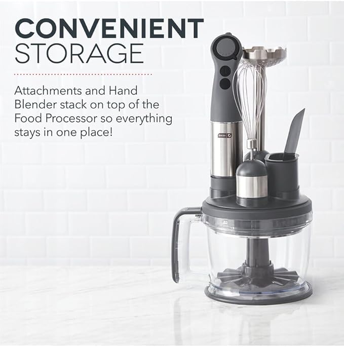 Dash Chef Series Deluxe Immersion Hand Blender 5 Speed Stick Blender with Stainless Steel Blades Dough Hooks Food Processor Grate Mash Slice Whisk Attachments and Recipe Guide – Cool Grey