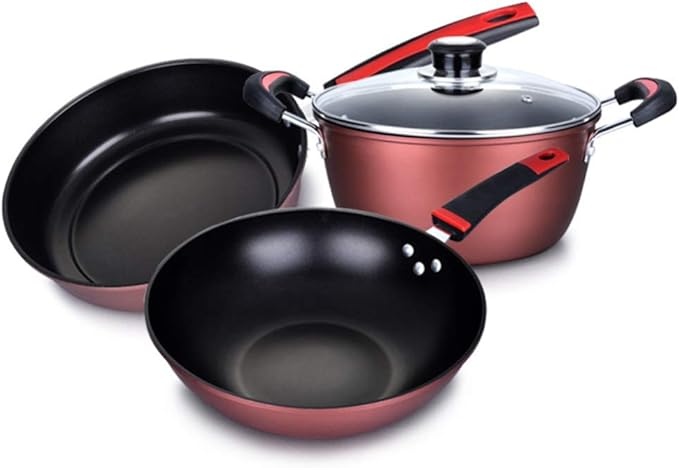 3-Piece Cookware with Glass LidFrying PanCookwareWokSturdy HandleNon StickPansuitable for Multiple Heat Sources Including Cooker Easy to Clean Pans