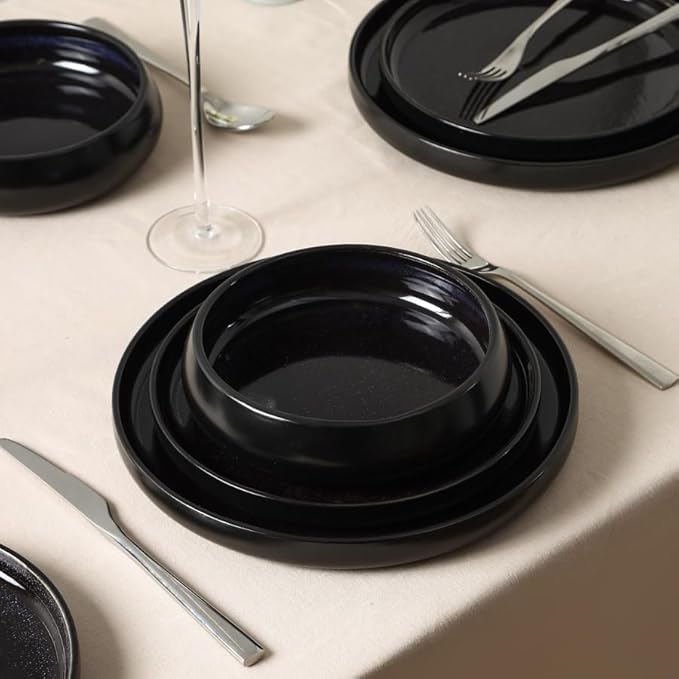 Stone Lain Lagoon 24-Piece Dinnerware Set Stoneware Plates and Bowls set Microwave and Dishwasher Safe Dish Set for 8 Black