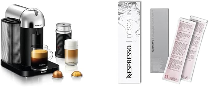 Nespresso Vertuo Coffee and Espresso Maker by Breville Chrome with Aeroccino Milk Frother Descaling Kit