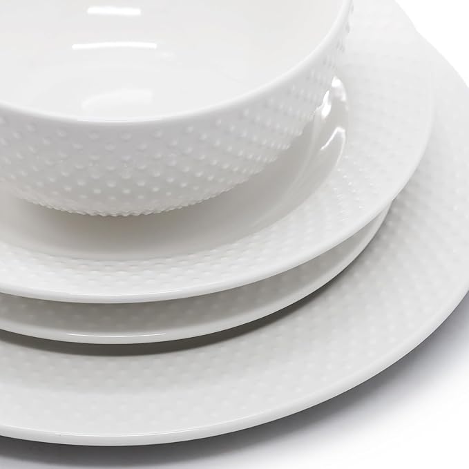 16 Piece Porcelain Dinnerware Set – White Hobnail Embossed Dish Set for 4 Microwave &amp Dishwasher Safe Plates and Bowls