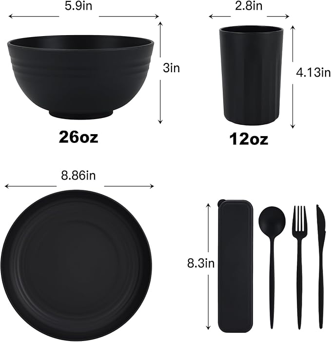 28-Piece Wheat Straw Dinnerware Sets Microwave &amp Dishwasher Safe Unbreakable Dinnerware Set Reusable Dishware Sets Lightweight Camping Dishes Plates Cups Cereal Bowls for 4（Black）