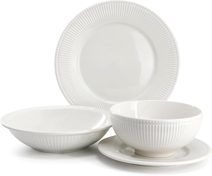 16-Piece Porcelain Dinnerware Set in White – Embossed Double Bowl Set with Textured Rim Microwave &amp Dishwasher Safe – Elegant White Dinnerware for 4