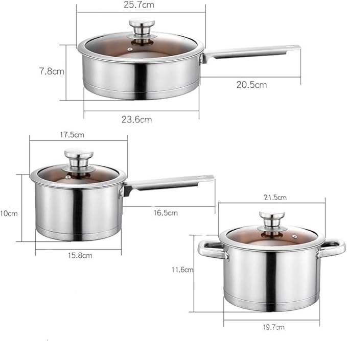 Cookware-Set 3-PieceCooking Pot Set with Glass-Lids All Types of Cookers Induction Gas Ceramic Electric (1Soup Pot 1Milk Pan1 Frying Pan) Stock Pot Variety Pack