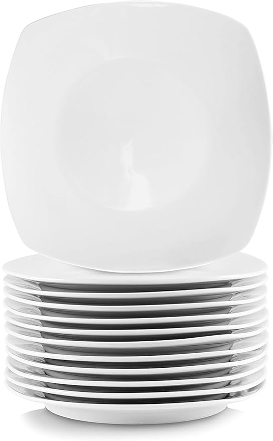 12-Piece Porcelain Dinner Plate Set – Large White Square &amp Round Plates Microwave and Dishwasher Safe Elegant Durable Dinnerware for Everyday Meals and Entertaining (Square)