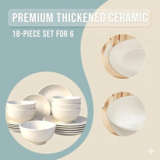 18-Piece White Porcelain Dinnerware Set Service for 6 Thickened Durable Plates &amp Bowls Microwave Dishwasher Oven Safe Lumina Porcelain Kitchen Essentials