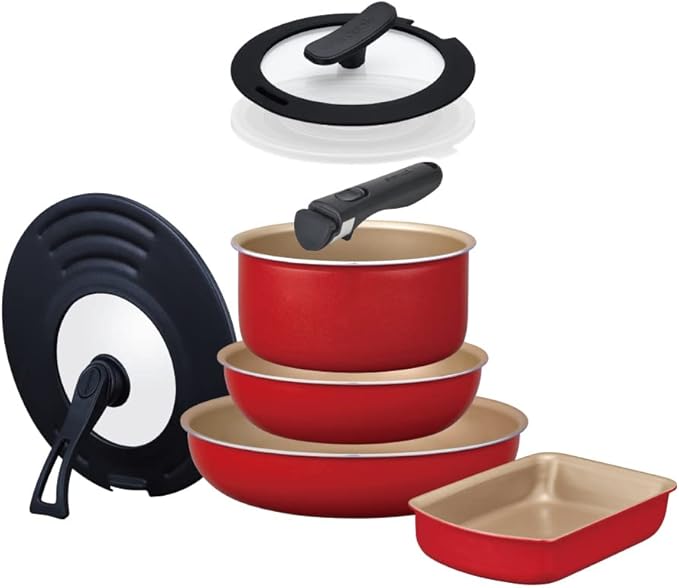 Evercook Frying Pan Set 8-Piece Set Set with Mini Handle and Cover Removable Induction Compatible Red Doshisha