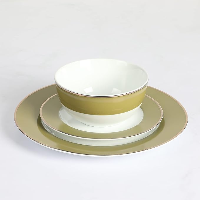 Martha Stewart Gracie Lane 12 pc Porcelain Decorated Chip and Scratch Resistant Dinnerware Set - Olive Green w/Gold Rim