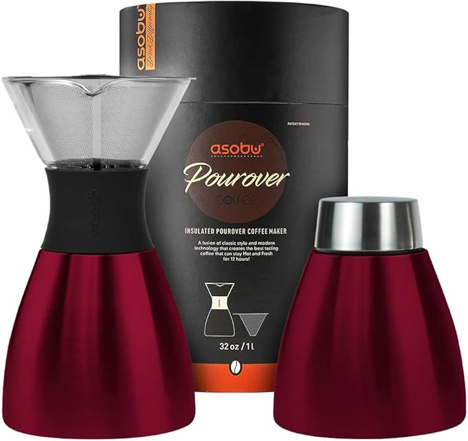 asobu Insulated Pour Over Coffee Maker (32 oz.) Double-Wall Vacuum Stainless-Steel Filter and Take on the Go Carafe (Burgundy)