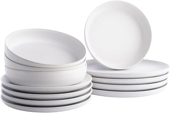 Porto by Stone Lain Macchio 12-Piece Premium Kitchen &amp Dining Dinnerware Set Stoneware White Matte Crafted in Portugal Dishwasher and Microwave Safe Scratch-Resistant Dish Set for 4