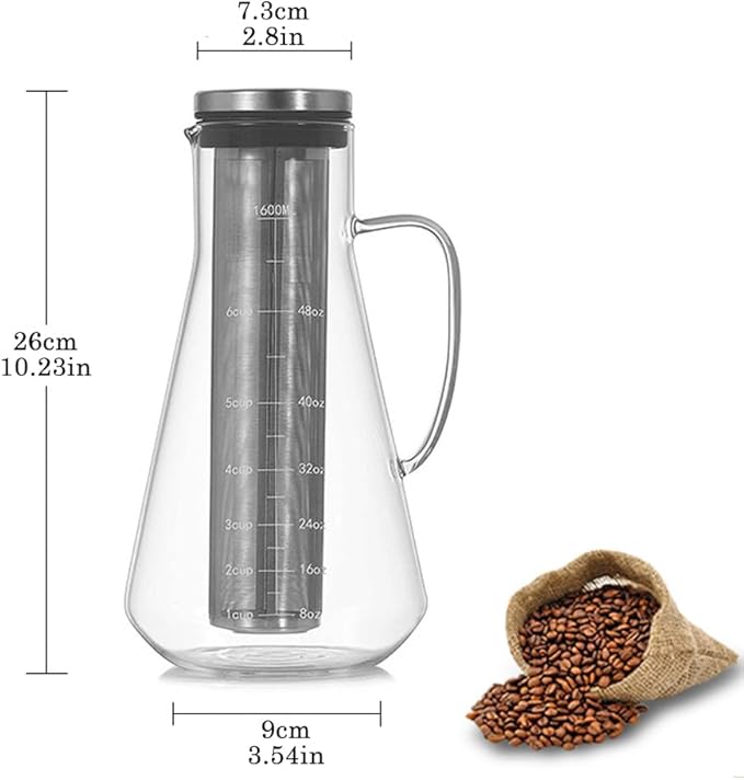 CANDeal Cold Brew Iced Coffee Maker Glass Iced Tea &amp Coffee Cold Brew Maker and Pitcher with Silicone Cap &amp Removable Stainless Steel FilterTea Infuser with Spout (54oz)
