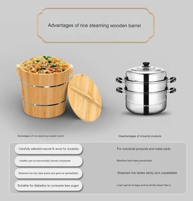 Wooden Rice Barrel Rice Steaming Barrel Rice Mixing Barrel Wooden Storage Barrel Rice Cooking Barrel with Lid for Home Restaurant(30 * 30 * 23cm)