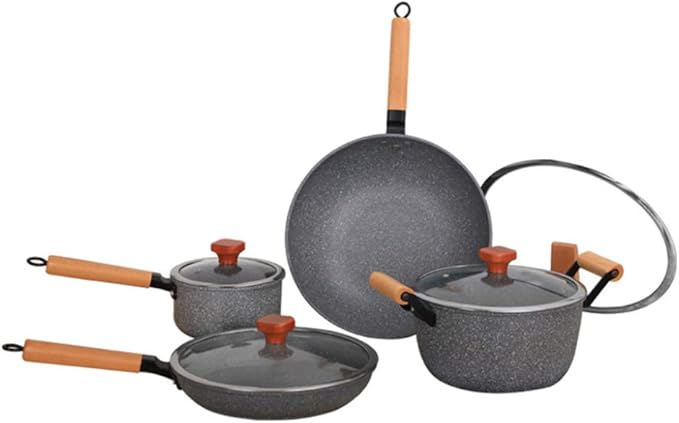 Cooking Pot Cookware Set 4-Piece Marble Coated Pots Sets Milk Pan Soup Pan Wok Frying Pan with Glass Lid