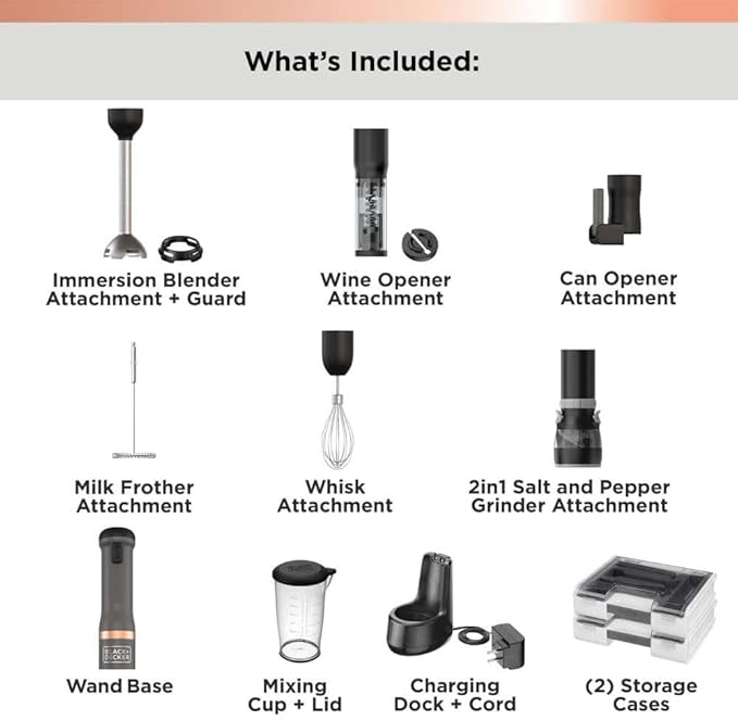 BLACK+DECKER Kitchen Wand Cordless Immersion Blender 6 in 1 Multi Tool Set Hand Blender with Charging Dock Grey (BCKM1016KS01)