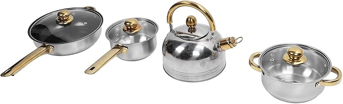 Cookware Set Premium Stainless Steel Rustproof Stick Proof Pan Pot Set for Home Kitchen - Energy Efficient for All Stovetops (Gold Handle with Kettle)