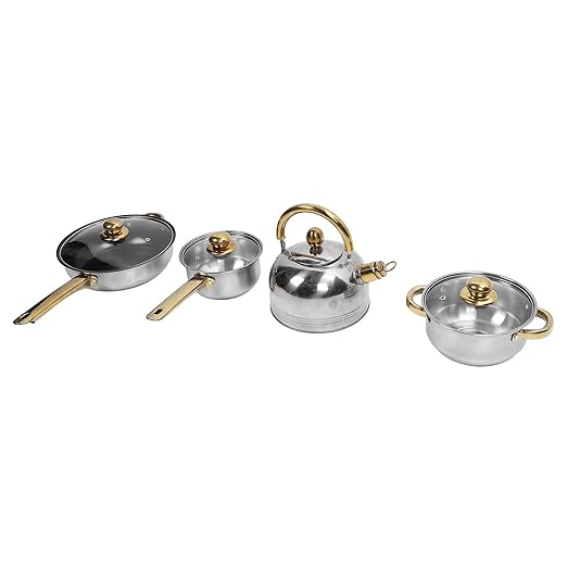 Pots and Pans SetPremium Stainless Steel Cookware Set - Proof and Stick Proof Pan and Pot Set with Gold Handles and Kettle - Ideal for Home Kitchens and Restaurants (Gold Handle with Kettle)