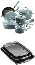Rachael Ray Cucina Hard Porcelain Enamel Nonstick Cookware Set 12-Piece Sea Salt Gray with Rachael Ray Nonstick Bakeware Cookie Pan Set 3-Piece Gray with Sea Salt Gray Silicone Grips