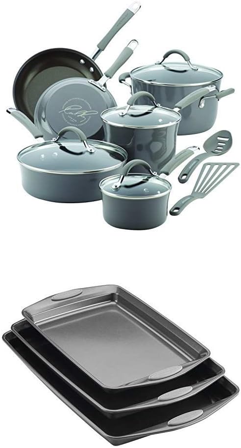 Rachael Ray Cucina Hard Porcelain Enamel Nonstick Cookware Set 12-Piece Sea Salt Gray with Rachael Ray Nonstick Bakeware Cookie Pan Set 3-Piece Gray with Sea Salt Gray Silicone Grips