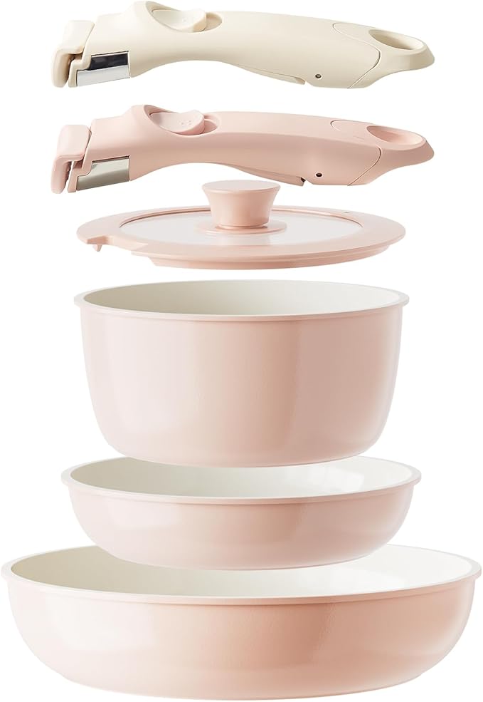 Ceramic Pots and Pans Set Non Stick Nonstick Kitchen Cookware Sets Non Toxic Pots and Pans Set Non Stick PFAS PFOA &amp PTFE Free Detachable Handle Pots and Pans 6 Piece RV Cookware (Pink)