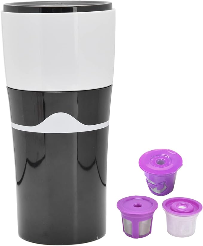 450ml Portable Drip Coffee Travel Mug Side Leakage Proof Sharing Cup Lid Drip Coffee Machine with 3 Capsules for K Cup Capsules (Black White)