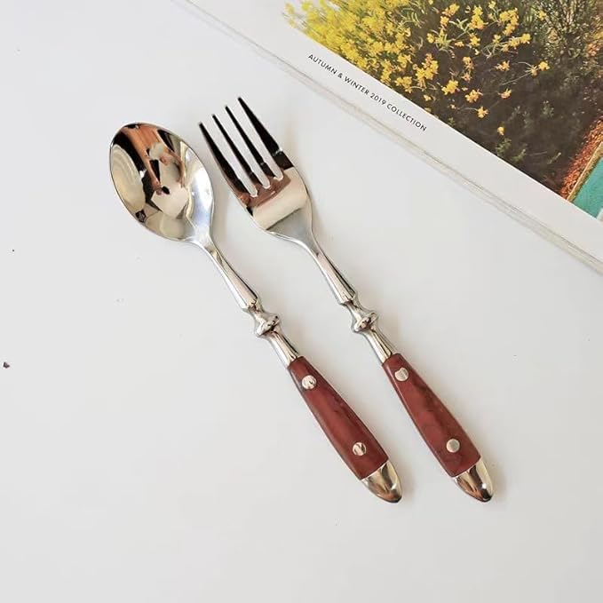 Silverware Set For 8 with Two Rivets Vintage 40-Piece Everyday Flatware Set with Wood Grain Bakelite Handle Stainless Steel Cutlery Set Dishwasher Safe Knives Spoons and Forks Set