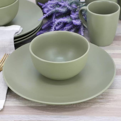 12 Piece Stoneware Dinnerware Set – Round Plates Bowls &amp Mugs for 4 Dishwasher &amp Microwave Safe Modern Matte Finish (Green)