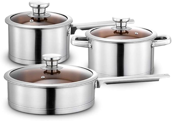 Cookware-Set 3-PieceCooking Pot Set with Glass-Lids All Types of Cookers Induction Gas Ceramic Electric (1Soup Pot 1Milk Pan1 Frying Pan) Stock Pot Variety Pack
