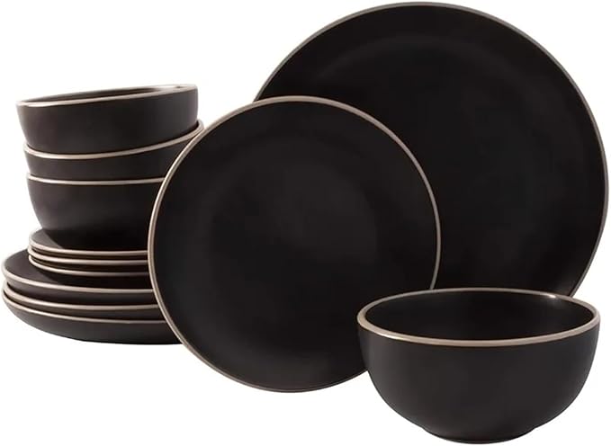 12pcs Dinner Set Plates and Dishes Home Round Stoneware Dinnerware Sets Service for 4