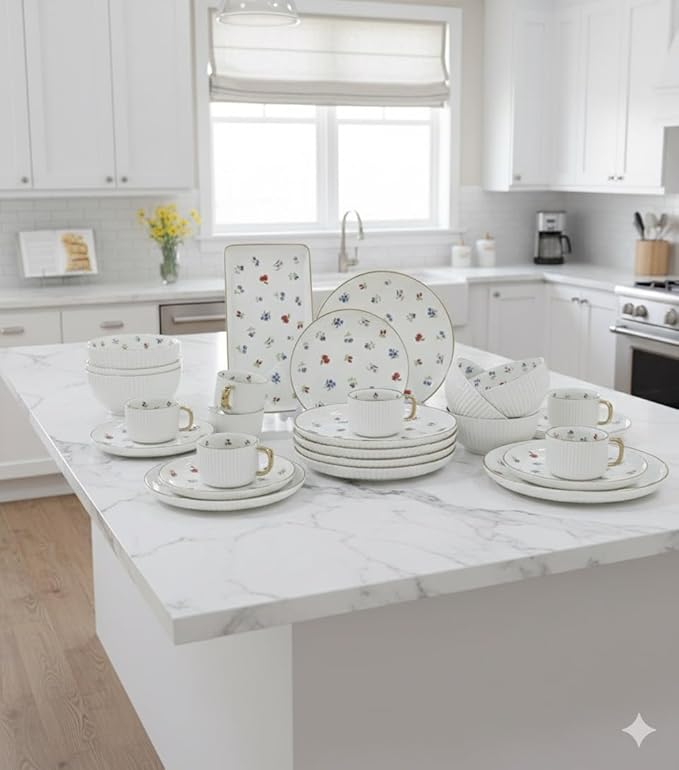 Premium Porcelain Dinnerware Set - 32 Pieces Set with Gold Rim Plates Bowls and Cups – Service for 6 (Floral)