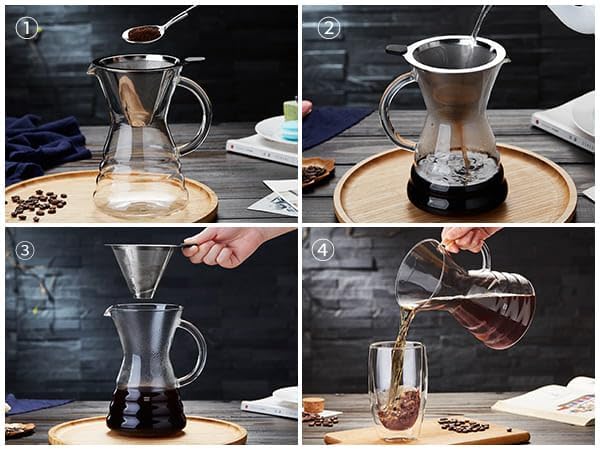 Unbreakable - Pour Over Coffee Maker with Permanent Stainless Filter 27 fl oz Thickened Heat-Resistant Borosilicate Glass Dripper Coffee Brewer Stovetop Safe Ink