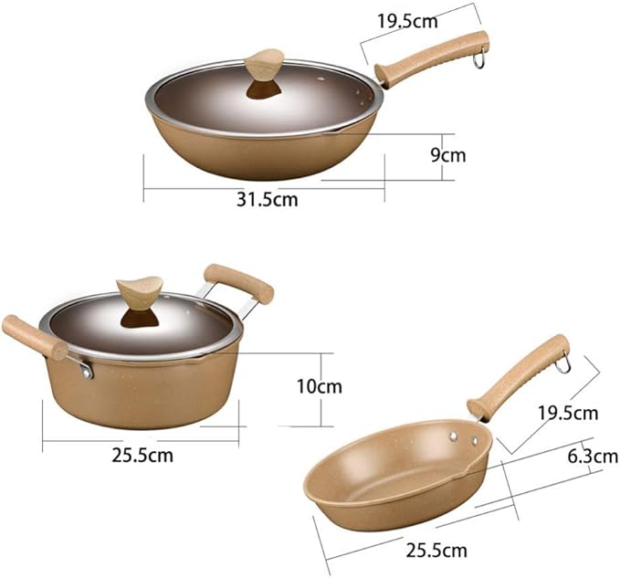 Saucepan Set - 3 Piece - Pans with Toughened Glass Lids and Heat-Resistant HandlesStock Pot 24CmFrying Pan 24CmWok 32CmEasy to CleanCan Be Used for Gas Induction Cooker
