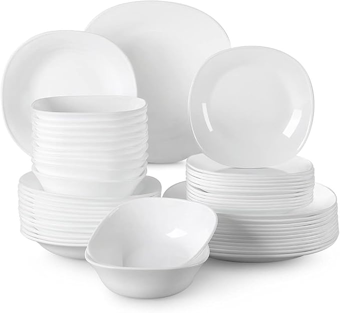 24/48-Piece Unbreakable Durable Opal Glass Dinnerware Set with Dinner Plate Soup Plate Dessert Plate Bowl Set