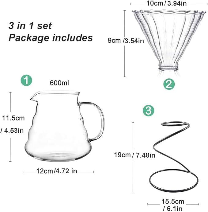 Pour Over Coffee Maker Set Includes Glass Coffee Dripper Metal Dripper Stand and Heat Resistance 600Ml Coffee ServerBlack