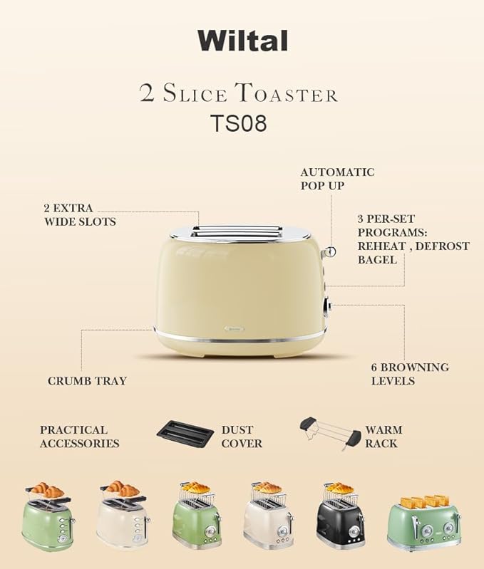 Toaster Retro 2 Slice Vintage White Toaster with Lid with Bread Attachment Preheat Defrost And Cancel Functions 6 Browning Levels (Beige)