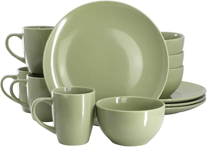 12 Piece Stoneware Dinnerware Set – Round Plates Bowls &amp Mugs for 4 Dishwasher &amp Microwave Safe Modern Matte Finish (Sage Green)
