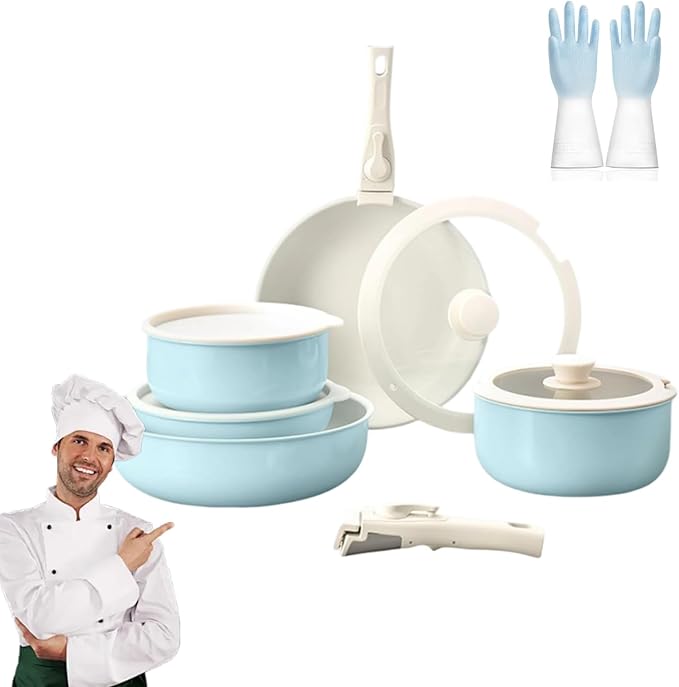 Cookware Set 5/11 Piece Utensils Cookware Set Removable Handle Pots and Pans Set Easily Clean Compatible With All Stovetops for Kitchen(Sky Blue5 PCS)