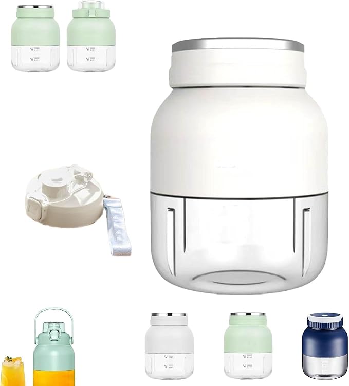 Mini electric juicer with straw and two lids portable personal blender suitable for making smoothies milkshakes food preparation and frozen blending(White)