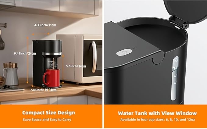 Portable Coffee Maker Single Serve with Grinder - 120s Brew Ceramic Burr 4 Cup Sizes(6-12oz) BPA-Free Window Auto Descaling Alert Compact for Travel (7.85x4.33x9.45in)