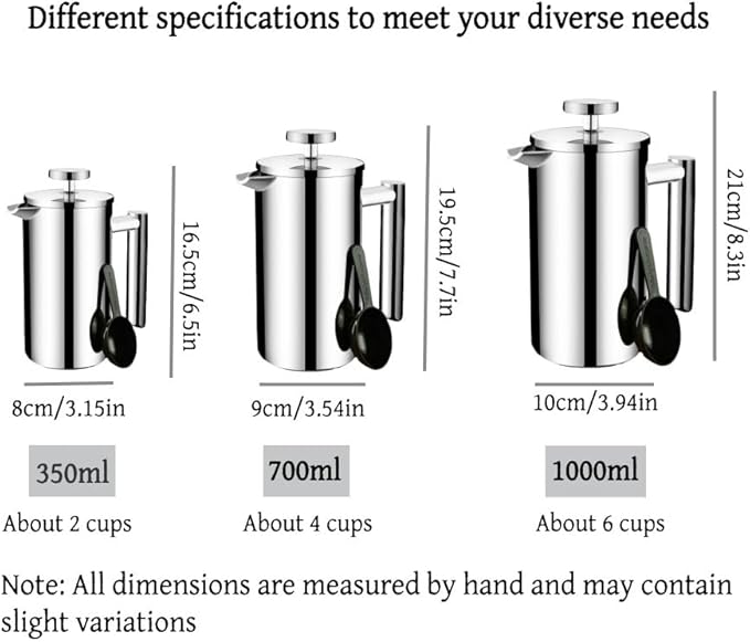 Cafetiere French Press Coffee Maker 350ml/15oz 304 Stainless Steel Portable Double Wall Insulated Heat Resistant Coffee Press for Woman Man Silver Color for Home Camping and Office