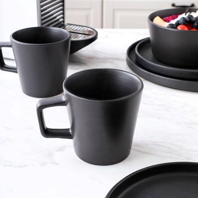 Durable 32 Piece Round Ceramic Stoneware Dinnerware Set For 8 Rustic Speckled Collection | Unique Lipped Rim Design On Plates Microwave &amp Dishwasher Safe | Modern Appearance Pretty Black Shade