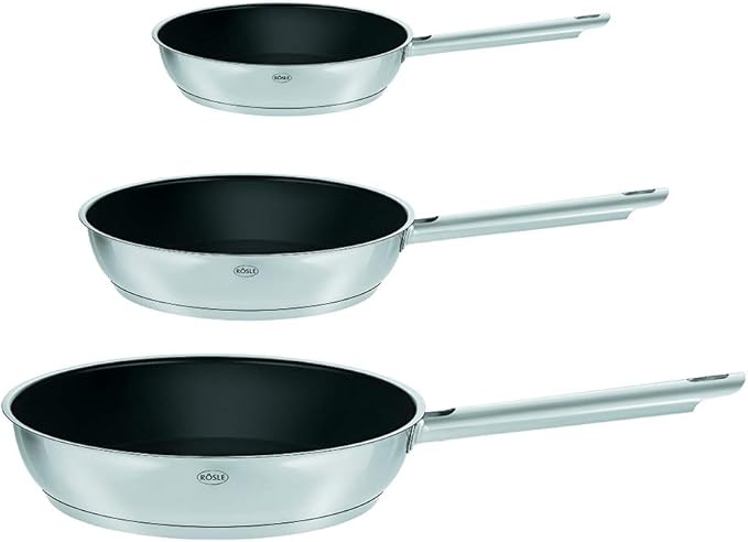 RÖSLE DIALOG Bratpfannen-Set 3-tlg. Pfannen mit Keramikversiegelung ProCera 20 cm - 24 cm - 28 cm Durchmesser Edelstahl 18/10 silberfarben / schwarz PFOA frei Induktionsgeeignet