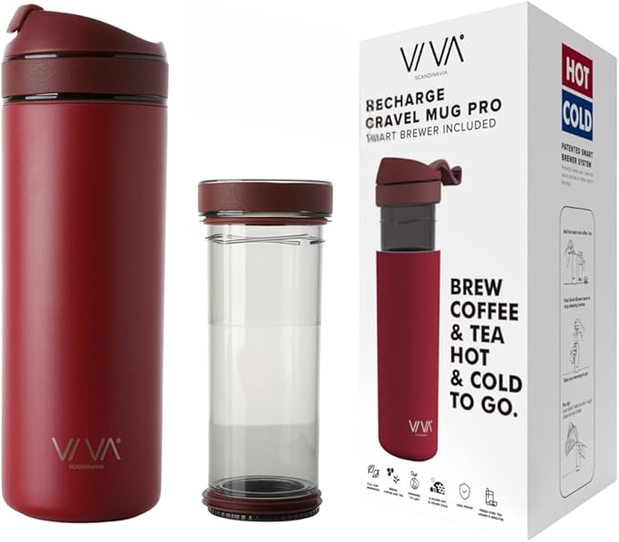 VIVA Recharge Cranberry Red Insulated Tea &amp Coffee Mug &amp Travel French Press Coffee Maker 16 oz Brew &amp Drink From the Same Coffee Mug On the Go or Camping