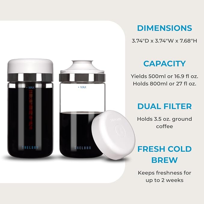Cold Brew Coffee Maker Set (Brewer &amp Carafe) Up to 12 Servings of Concentrate Reusable Stainless Steel Dual Filter Durable Borosilicate Glass &amp Spill-Proof Pouring Spout 16.9 fl oz / 500ml