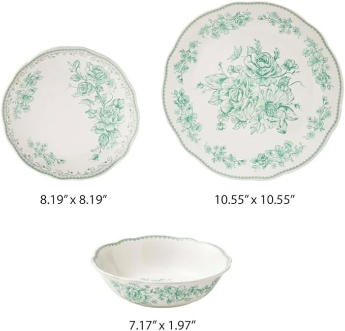 Vintage Inspired Agatha 12-Piece Stoneware Dinnerware Set Green