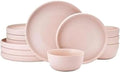 Darbie Angell Mod Blush 12 Piece Durable Stoneware Dinnerware Set Service for 4 Plate and Bowl Set with High Rims Modern Tableware Pink