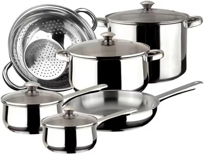 MAGEFESA Vesta 10-Piece Cookware Set Crafted from Stainless Steel Easy to Clean and Dishwasher Safe Soft-Touch Metal Handles for a Comfortable Grip