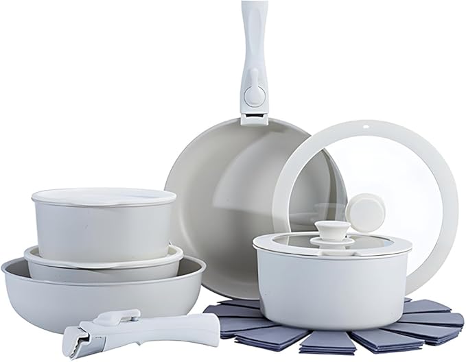 Cookware Set 15Piece Gourmetific Cookware Detachable Handle Set Nonstick Maifan Cookwares Sets Stackables Non-Stick Ceramic Coating PFOA FreeOven Safe